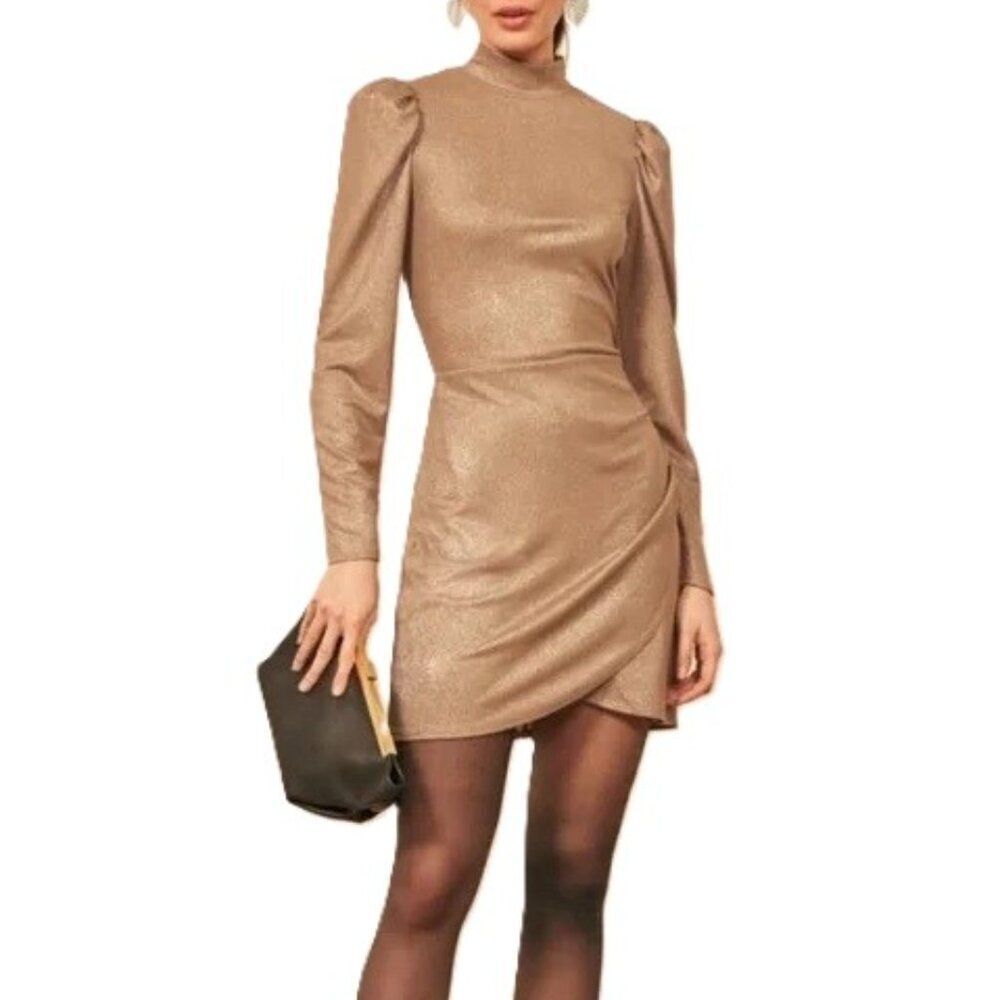 Reformation Lexi Mini Womens Long Puff Sleeve Mock Neck Rushed Gold Party Club S